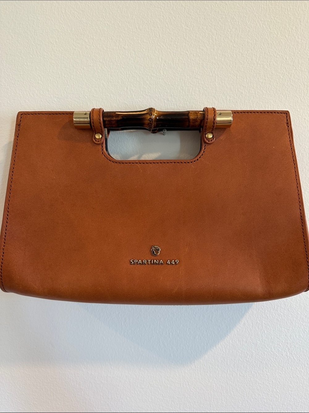 Spartina 449 Cognac Leather Clutch with Bamboo Top Handle